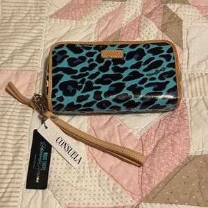 Retired Consuela Mona Turquoise and Black Leopard Wristlet New